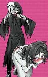 1boy 1girls 2d andrew_graves ashley_graves ass bent_over black_hair blood blush breasts brother_and_sister carved_words_on_body carving choker cleaver clothed_male_nude_female collar cuffed_ankles cuffed_wrists cuffs female femsub ghostface_(cosplay) green_eyes incest kneeling looking_at_viewer male maledom mask nude pink_eyes possessive restrained sea-lean siblings straight the_coffin_of_andy_and_leyley