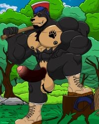 4:5 abs absurd_res anthro arm_strap axe ball_tuft balls barazoku bear beard big_balls big_muscles big_penis black_bear black_beard black_body black_facial_hair black_fur blue_hair bodily_fluids body_hair chest_tuft clothing facial_hair fluffy fluffy_chest footwear forest fur genital_fluids genitals hair hi_res huge_muscles humanoid_genitalia humanoid_penis jockstrap leaking_precum male male/male mammal muscular nipple_piercing nipples nude penis piercing plant precum saggy_balls smile smiling_at_viewer smirk smirking_at_viewer solo stump tree trim tuft underwear unknownbear ursine xmonstadogx yellow_body yellow_fur