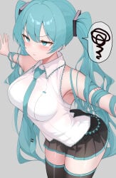 1girl absurdres alternate_breast_size_(larger) aqua_eyes aqua_hair aqua_necktie arched_back bare_shoulders black_skirt black_thighhighs blush breasts closed_mouth collared_shirt commentary_request eikawa_suru hair_ornament hatsune_miku highres jitome long_hair medium_breasts necktie number_tattoo outstretched_arms pursed_lips shirt simple_background skirt sleeveless sleeveless_shirt solo speech_bubble spoken_squiggle spread_arms squiggle tattoo thighhighs twintails very_long_hair vocaloid white_shirt