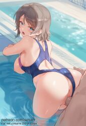 1boy 1girl 2026 ai_generated anus ass ass_grab back back_cutout bare_arms bare_shoulders bent_over blue_eyes blue_one-piece_swimsuit blurry blurry_background blush breasts breasts_out brown_hair clothed_female_nude_male clothed_sex clothing_aside clothing_cutout competition_swimsuit doggystyle from_behind grey_hair half-closed_eyes hand_on_another's_ass hanging_breasts hetero highleg highleg_swimsuit highres large_breasts looking_at_viewer looking_back love_live! nipples nsfw nude one-piece_swimsuit one-piece_thong open_mouth outdoors penis pixiv_username pool poolside pussy serain sex sex_from_behind shiny_skin short_hair solo_focus standing standing_sex swept_bangs swimsuit swimsuit_aside thighs uncensored vaginal wading watanabe_you water water_drop wet wet_clothes wet_hair wet_swimsuit