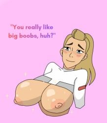 1girls adora big_breasts blonde_female blonde_hair blue_eyes blush blush_lines breast_expansion brown_eyebrows digital_art ferrico-one magic pink_nipples ponytail she-ra_and_the_princesses_of_power smile smiling_at_viewer sparkles text