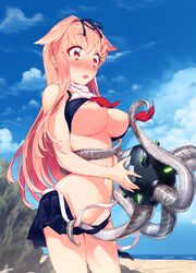 beach bikini bikini_skirt black_bikini black_ribbon black_skirt blew_andwhite blonde_hair blush breasts collarbone commentary_request day enemy_naval_mine_(kantai_collection) female gradient_hair groin hair_flaps hair_ornament hair_ribbon hairclip heart heart-shaped_pupils highres kantai_collection long_hair medium_breasts midriff miniskirt multicolored_hair navel ocean outdoors pleated_skirt red_eyes remodel_(kantai_collection) ribbon shinkaisei-kan skirt straight_hair swimsuit symbol-shaped_pupils untied untied_bikini very_long_hair yuudachi_(kantai_collection)