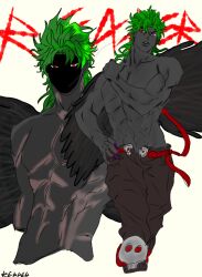 1boy 2d artist_request dark_skinned_male green_hair posing questionable_consent reaper_(slap_battles) red_eyes roblox roblox_game slap_battles