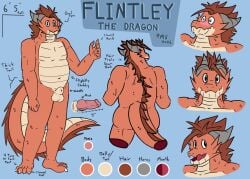 animal_genitalia anthro balls belly big_tail blush butt claws dragon english_text erection finger_claws flintley_(rendermeuseless) genitals hi_res male model_sheet mythological_creature mythological_scalie mythology nude orange_body penis rendermeuseless scalie sheath slightly_chubby solo tail text toe_claws