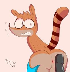 2017 alternate_version_available anal anthro anus ass ass_grab backsack balls bent_over brown_fur cartoon_network clenched_teeth erection foxxx321 fur furry humanoid_penis looking_back male male_only mammal mordecai nervous penis raccoon regular_show rigby simple_background solo_focus striped_tail stripes teeth yaoi