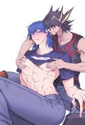 2boys blue_eyes blush blush_lines blushing bruno clothed clothing gay gay_male male male/male male_tits masturbation muscular muscular_male nipple_play nipples playing_with_nipple sangae yaoi yu-gi-oh! yu-gi-oh!_5d's yugioh yusei_fudo