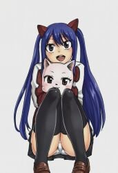 black_skirt black_thighhighs blue_hair brown_eyes carla_(fairy_tail) cat cat_ears edited fairy_tail full_body hair_ornament highres loafers long_hair long_sleeves looking_at_another mashima_hiro panties panty_peek pantyshot pleated_skirt scan squatting thighhighs twintails upscaled wendy_marvell white_panties