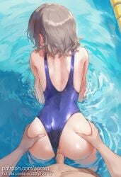 1boy 1girl 2026 ai_generated all_fours anus ass ass_grab back backboob bent_over blue_one-piece_swimsuit breasts brown_hair censored clothed_female_nude_male clothed_sex clothing_aside competition_swimsuit doggystyle facing_away from_behind grabbing_another's_ass grey_hair hetero highres large_breasts love_live! nsfw nude one-piece_swimsuit penis pool pov pussy ripples serain sex sex_from_behind short_hair solo_focus swimsuit swimsuit_aside uncensored vaginal watanabe_you water wet