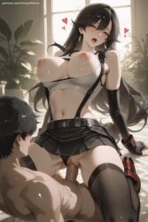 1boy 1girl abs ai_generated arm_guards bangs bare_shoulders belt black_gloves black_hair black_legwear black_skirt blush breasts breasts_outside closed_eyes clothed_female_nude_male cowgirl_position earrings elbow_gloves final_fantasy_vii fingerless_gloves girl_on_top gloves heart hetero hi_res high_quality high_resolution jewelry large_breasts long_hair low-tied_long_hair miniskirt navel nipples nude open_mouth patreon pencil_skirt penis pleated_skirt pussy seductive sex sexy shirt skirt sleeveless sleeveless_shirt stomach straddling suspender_skirt suspenders sweat swept_bangs tank_top taut_clothes taut_shirt thighhighs thighs tifa_lockhart uncensored underwear vaginal watermark white_shirt white_tank_top window