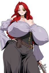amx1375 bare_shoulders belt breasts collarbone curvy earrings eyepatch female female_only flintlock gigantic_breasts grin hand_on_hip lace long_hair looking_at_viewer puffy_nipples red_eyes red_hair sack simple_background white_background wide_hips