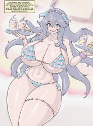 1girls 2026 big_breasts bikini blushing fenrox hex_maniac huge_breasts micro_bikini oc pokemon solo solo_female swimsuit tagme thick thick_thighs waitress