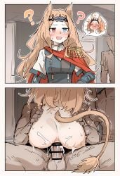 1boy 1girls ? ?? ai_generated anus archetto_(arknights) arknights ass bird_girl blonde_hair blue_eyes blush cat_tail confused cum cum_in_ass cum_inside cumshot drunk drunk_female drunk_sex easy_access fucked_silly heterochromia long_hair red_eyes sex straight unaware used used_like_a_toy