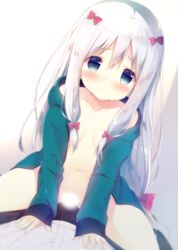 blue_eyes blush bow cellphone censored cowgirl_position eromanga_sensei female grinding hairbow izumi_sagiri light_censor long_hair looking_at_viewer open_clothes phone shiratama_(shiratamaco) silver_hair smartphone solo_focus straddling