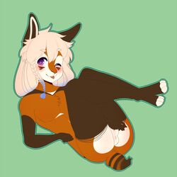 5_fingers anthro balls blonde_hair blush brown_fur chirri fur hair lagomorph lying male mammal on_back one_eye_closed orange_fur purple_eyes rabbit solo tongue tongue_out white_fur wink