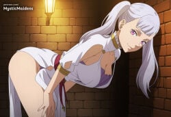 1girl ai_generated anime anime_style bent_over black_clover breasts brick_wall cleavage closed_mouth dress earrings grey_hair hentai hi_res jewelry large_breasts leaning_forward long_hair looking_at_viewer mystic_maidens noelle_silva patreon pink_eyes purple_eyes smile solo twintails white_dress white_hair