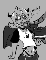 2d_(artwork) black_and_white black_iris cake dialogue force_feeding machine midriff panty_straps short_hair shorts sketch succubus succubus_horns succubus_wings t-shirt thegreenthief
