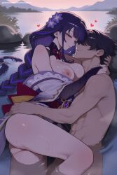 1boy 1girl ai_generated ass bangs bare_shoulders black_hair blush braid breasts flower genshin_impact hair_flower hair_ornament heart hetero hi_res high_quality high_resolution large_breasts long_hair nipples partially_submerged patreon purple_eyes purple_hair raiden_shogun seductive sexy smile thighs uncensored very_long_hair wading water watermark