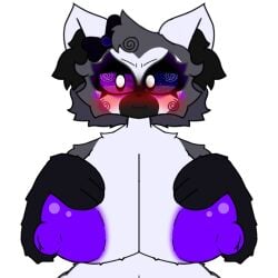 blush breasts curvaceous embarrassed exposed_breasts heterochromia laursa_(sherryakio) lemur lemur_girl piggy_(game) ring-tailed_lemur simple_background solo swirls voluptuous voluptuous_body voluptuous_female white_background