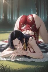 1girl ai_generated ass bare_shoulders black_hair blue_eyes boa_hancock breasts dress earrings hi_res high_quality high_resolution jewelry large_breasts long_hair looking_at_viewer one_piece patreon seductive sexy smile solo top-down_bottom-up uncensored watermark