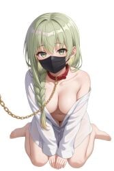 1girls ai-generated ai_assisted ai_generated braid breasts chained collar female_focus green_eyes green_hair kneel looking_at_viewer mask navel open_jacket original original_character simple_background transparent_background younger_female