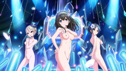 10s 3girls black_eyes black_hair blonde_hair blue_eyes blush collarbone female flower glowstick group hair_flower hair_ornament hairband hat hayami_kanade idol idolmaster idolmaster_cinderella_girls idolmaster_cinderella_girls_starlight_stage jewelry long_hair microphone mini_hat multiple_girls navel nipples nude nude_filter photoshop public_nudity pussy sagisawa_fumika shiomi_shuuko short_hair singing uncensored yellow_eyes