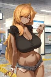 big_breasts blonde_hair clothed dark_skin female short_shorts shorts solo train_45