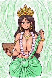 ai_generated big_breasts breasts breasts_out brunette brunette_hair crown curvy curvy_figure earrings flower flower_garland garland hindu_mythology hinduism hyper_breasts indian indian_female jewelry milf mohini