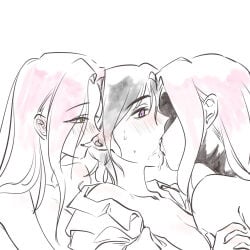 alien_stage black_hair green_eyes mizi_(alien_stage) pink_hair purple_eyes sua_(alien_stage) threesome_sex tounge_kissing
