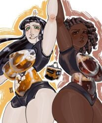alcohol alcohol_bottle alcoholic_drink beer beer_bottle black_hair curvy curvy_body curvy_female curvy_figure curvy_hips curvy_thighs dark-skinned_female dark_skin geminirequiem long_hair swimsuit swimwear two_girls wavy_hair
