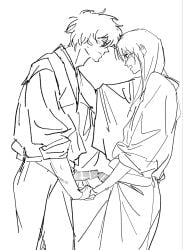 2boys bar_censor blush embarrassed erection frottage gay gintama gintoki_sakata holding_hands katsura_kotarou kimono long-haired_male long_hair male male_only monochrome penis penis_out penises_touching rough_sketch sketch smile yaoi