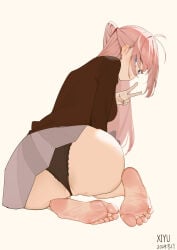 1girl absurdres ass barefoot black_panties blue_eyes blush feet highres light_smile long_hair looking_at_viewer looking_back panties pink_hair ponytail skirt skirt_lift soles toes underwear v xiyu_yy