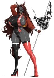 amx1375 arm_up black_legwear brown_hair checkered_flag dark_skin gloves high_heels horse_ears horse_girl huge_breasts jacket long_hair massive_breasts race_queen red_legwear sideboob simple_background sweat very_long_hair white_background