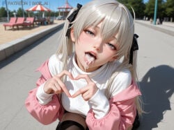 1girls absurd_res after_oral after_sex ai_generated artist_name big_penis bigz_ai cum cum_in_mouth cum_inside female female_only highres kasugano_sora kneeling large_breasts licking light-skinned_female light_skin long_hair looking_at_viewer oral oral_sex solo solo_female sora_kasugano straight thighhighs tongue uncensored white_hair yosuga_no_sora