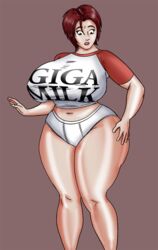 giga_milk hair hips huge_breasts maroon_hair mega_milk no_pants panties saturnxart shirt tight_clothing underwear waist_grab