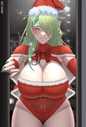 ceres_fauna christmas christmas_outfit doorway green_hair gyatboi hololive hololive_english hololive_english_-council- light-skinned_female looking_at_viewer nails_painted plant_hair pov santa_hat smiling_at_viewer virtual_youtuber vtuber vtuberfanart yellow_eyes