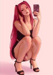 1futa 1futanari black_nail_polish black_nails casual_exposure color colored crop_top crouching crouching_female flaccid flaccid_penis foreskin futa_only futanari heels kpop_demon_hunters light-skinned_futa light-skinned_futanari light_skin long_hair mira_(kpop_demon_hunters) mirror_selfie no_panties painted_fingernails painted_nails painted_toenails penis penis_out pigtails pink_hair quentims selfie simple_background skirt solid_color_background solo solo_futa squatting squatting_female taking_photo taking_picture uncircumcised uncut very_long_hair white_background