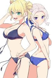 2girls arm_behind_head ass bikini black_bikini blonde_hair blue_bikini blue_eyes braid breasts butt_crack cleavage collarbone double_bun earrings flower_earrings green_eyes hair_bun hand_on_own_hip highres hiroyuki hoshizaki_rika_(kanojo_mo_kanojo) jewelry kanojo_mo_kanojo kiryuu_shino large_breasts looking_at_viewer multiple_girls navel official_art open_mouth sidelocks simple_background small_breasts stomach string_bikini swimsuit teeth thighs white_background white_hair