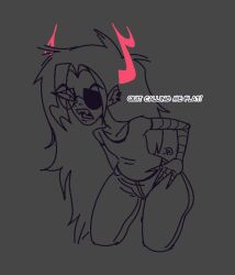 1girl 1girls 2023 absurdly_long_hair alien alien_girl alien_humanoid angry angry_expression angry_eyes angry_face angry_female annoyed annoyed_expression annoyed_face artist_logo bottomwear child_bearing_hips dialog dialogue earrings eyebrows eyebrows_visible_through_hair eyewear eyewear_on_head fangs fangs_out female female_only glasses glasses_on_head grey_background hair hips homestuck homestuck_troll horns legs long_hair monochrome ms_paint_adventures no_artist_signature open_mouth pierced_ears piercing piercings prosthetic prosthetic_arm prosthetic_limb robotic_arm sfw simple_background solo solo_female teeth teeth_showing thesupervillainspjs thick thick_legs thick_thighs thighs topwear very_long_hair vriska_serket