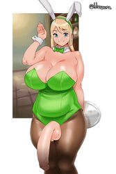 1futa ageha_(burakku-ra) balls big_breasts bimbo bowtie breasts bunny_costume bunny_ears bunny_girl bunnysuit burakku-ra busty cleavage detached_collar futa_only futanari hoop_earrings huge_cock intersex large_breasts looking_at_viewer mole mole_on_balls pantyhose penis solo testicles voluptuous wrist_cuffs