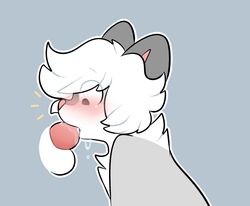 ambiguous_gender anthro balls blush cum cum_in_mouth cum_inside disembodied_penis erection fur furry grey_fur hair male male/ambiguous oral penis qtipps simple_background surprise tapering_penis white_fur white_hair