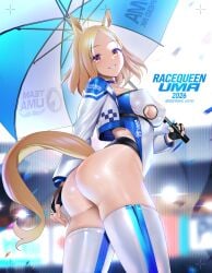 1girl ass black_gloves blonde_hair cropped_jacket fingerless_gloves holding_umbrella horse_ears horse_girl horse_tail huge_ass large_breasts long_sleeves looking_at_viewer multicolored_hair narita_top_road_(umamusume) open_jacket race_queen red_eyes short_hair smile solo ugohato umamusume umamusume_pretty_derby white_hair white_jacket white_leotard white_thighhighs
