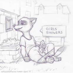 1boy 2017 anthro balls black_and_white clothing disney fatalfox humanoid_penis male male_only masturbation penis public solo travis_(zootopia) zootopia