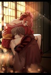 1boy 1girls blue_eyes blush detailed_background embrace female gintama hair_ornament japanese_clothes kagura_(gintama) kimono koyokoyot long_hair looking_at_viewer looking_back male official_alternate_costume oiran okita_sougo orange_hair ponytail short_kimono stockings striped_legwear