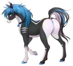 2017 anthro anus blue_eyes collar crunchobar equine female feral hooves horse looking_at_viewer looking_back mammal markings pussy solo