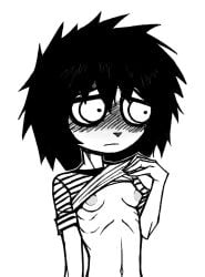 belly belly_button blushing breasts breasts_out cute_female embarrassed flashing_breasts i_can't_sleep lifting_shirt nervous_expression nia nipples showing_breasts