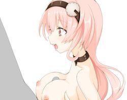 1boy blush breasts collarbone compa female hair_ornament hairband hand_on_own_chest large_breasts long_hair looking_at_another mayou neptunia_(series) nipples nude open_mouth orange_hair paizuri penis pink_eyes pink_hair red_eyes shiny shiny_hair shiny_skin simple_background straight upper_body white_background