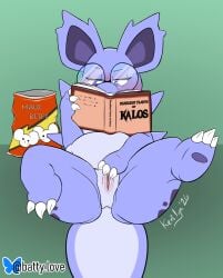 2026 blush book claws english_text eyewear female female_feral feral food generation_1_pokemon genitals glasses gradient_background green_background hi_res kerilyn markings masturbation nidorina nintendo pokemon pokemon_(species) raised_leg simple_background slightly_chubby slightly_chubby_female solo spots spotted_markings text vulva