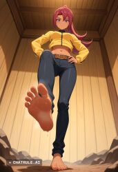 1girl ai_assisted ai_generated barefeet belt big_feet black_pants dark_skin dirty_feet from_below full_body hands_on_hips long_hair long_sleeves long_toes looking_at_viewer multicolored_hair navel ponytail presenting_foot purple_eyes red_hair sole_focus source_anime standing standing_on_one_leg stinky_feet sweaty_feet twintails yellow_jacket