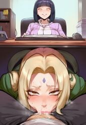 1boy 2girls ai_generated all_fours all_the_way_to_the_base big_ass big_breasts blowjob boruto:_naruto_next_generations deepthroat hyuuga_hinata looking_at_viewer milf office pov sexy tsunade under_the_table uzumaki_boruto