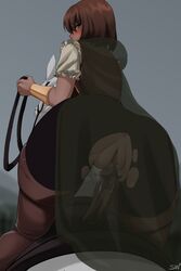 amber_(rwby) anus boots brown_hair cape dark_skin dildo dildo_saddle equestrianism female horse horseback_riding human outdoors riding rwby saddle sinccubi toy transparent vagina vaginal